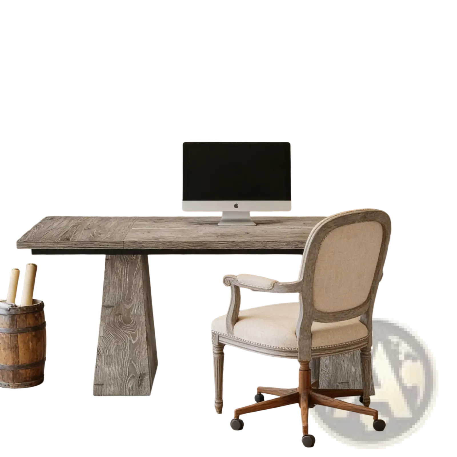 Rustic gray wooden executive desk with thick textured surface and sturdy pedestal legs for computer workstation use