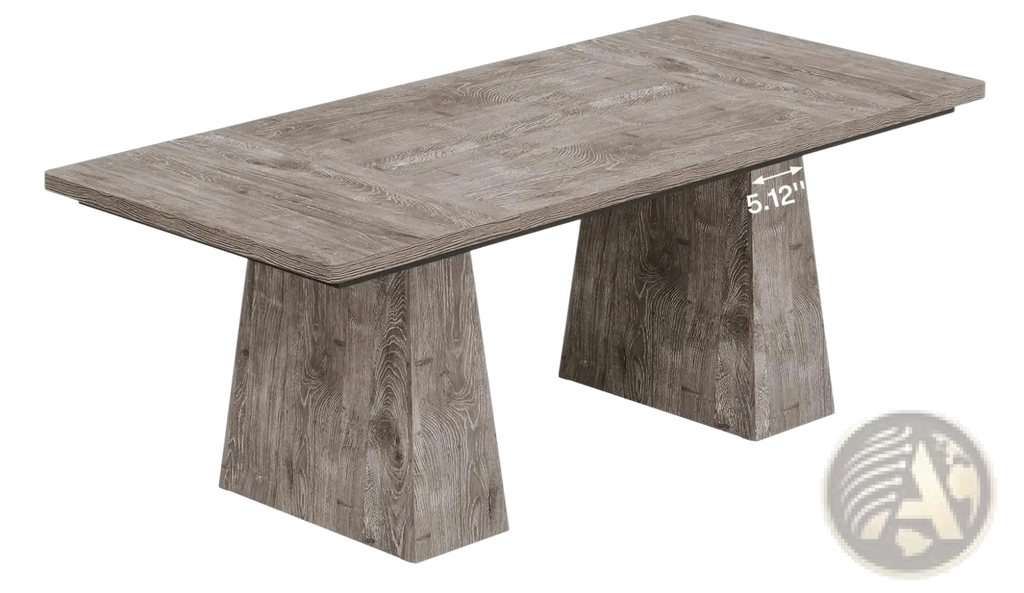 Gray wood executive desk with wood-grain finish and tapered rectangular legs for computer workstation use