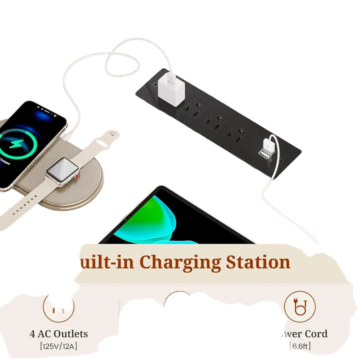 Black built-in charging station with multiple outlets and usb ports embedded in wooden executive desk surface