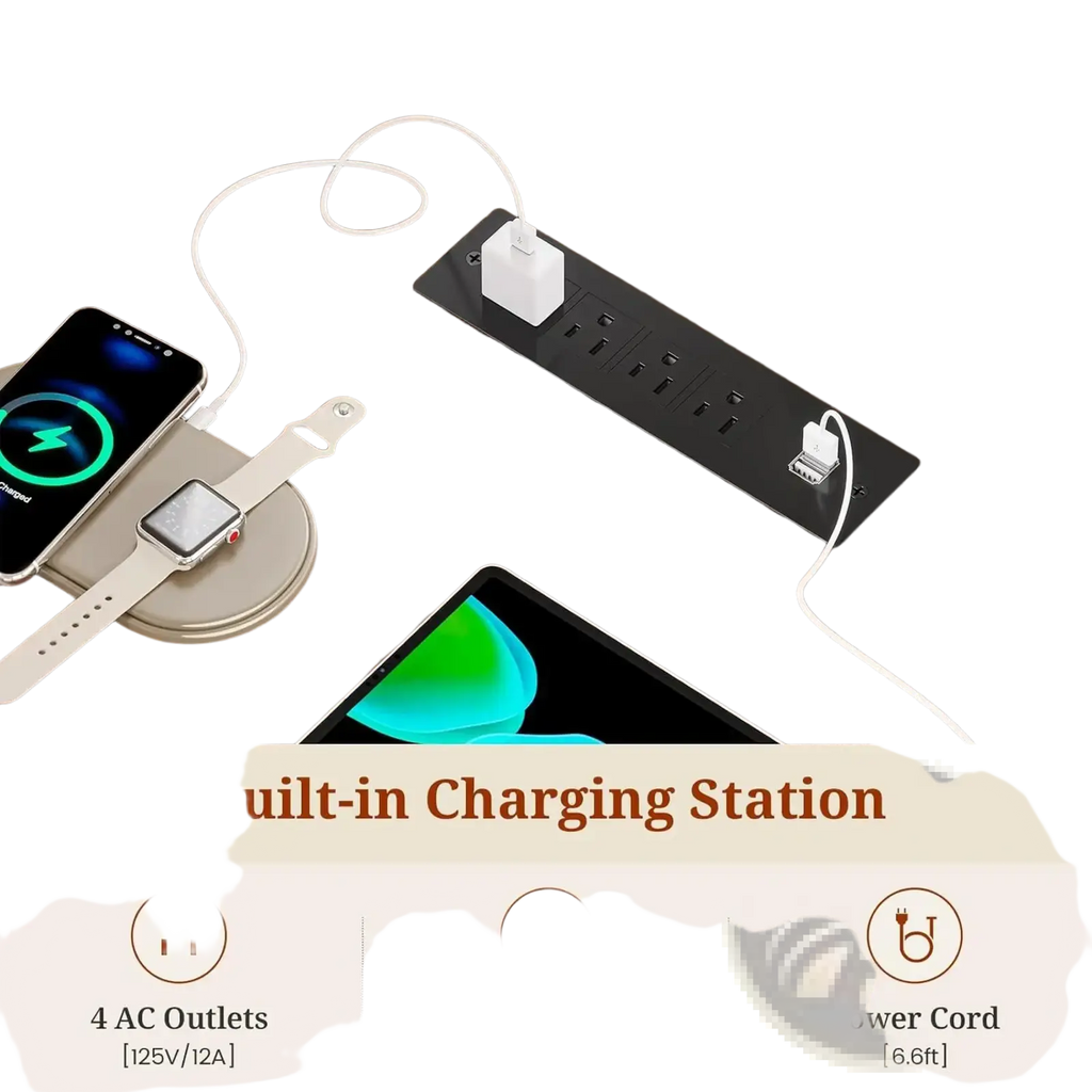 Black built-in charging station with multiple outlets and usb ports embedded in wooden executive desk surface
