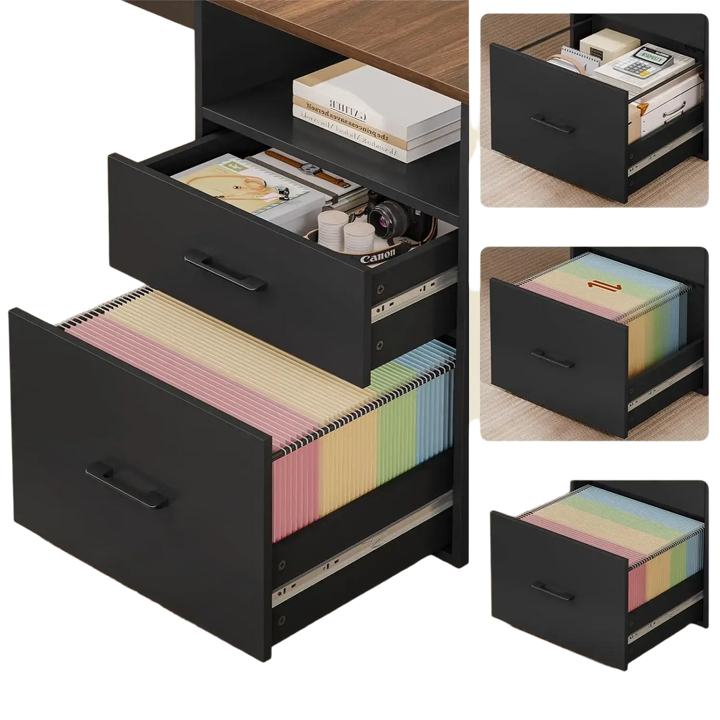 Black metal executive desk file cabinet with three drawers holding colorful tabbed folders and office supplies