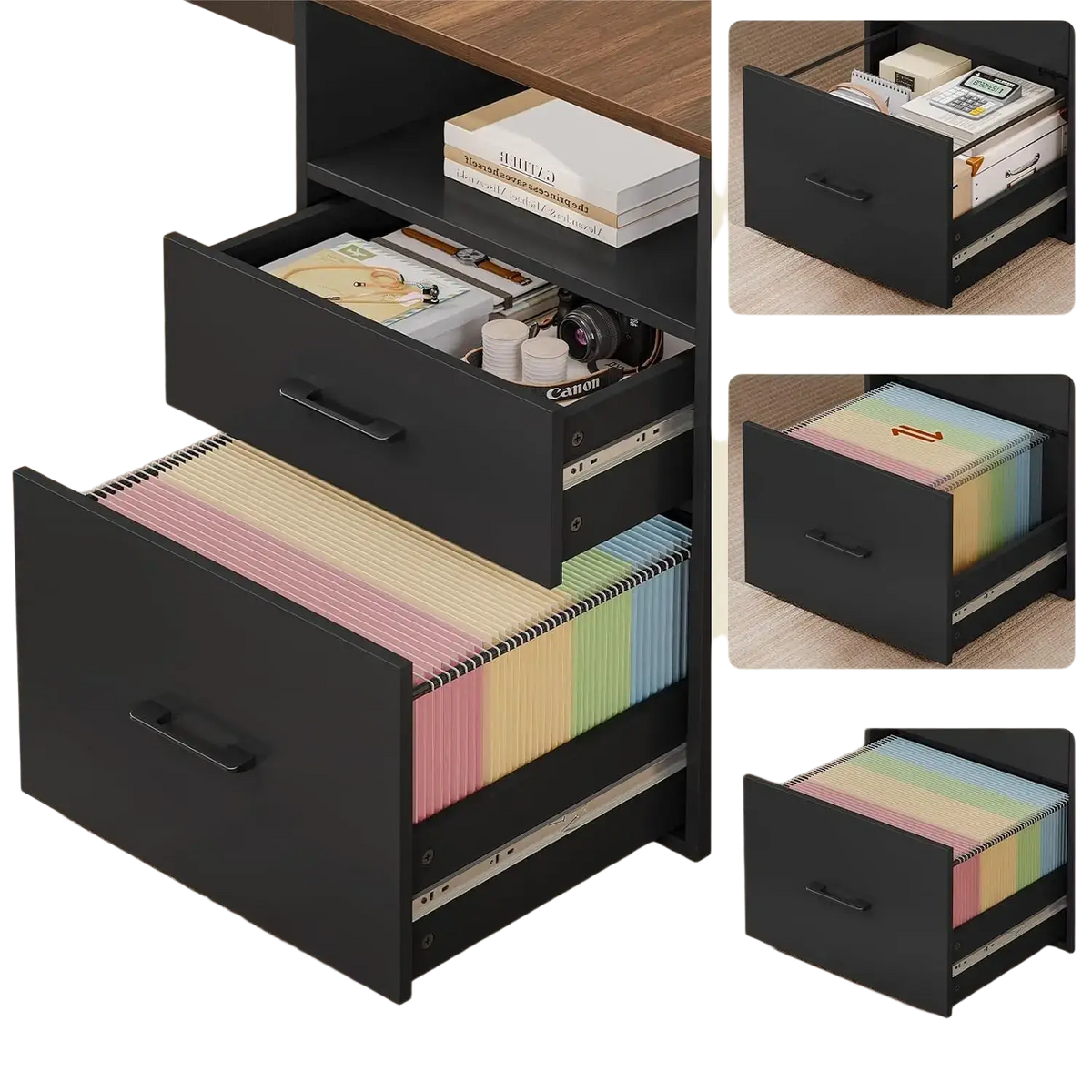 Black metal executive desk file cabinet with three drawers holding colorful tabbed folders and office supplies