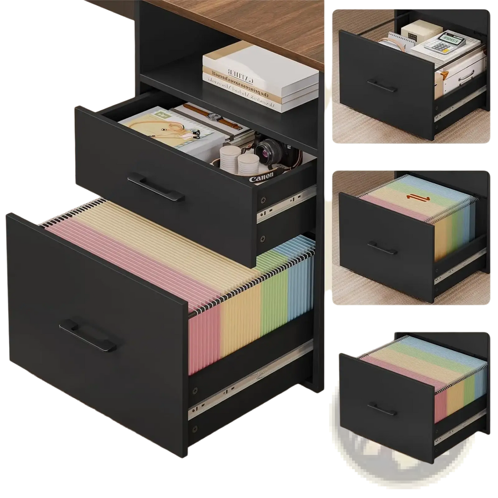 Black metal executive desk file cabinet with three drawers holding colorful tabbed folders and office supplies