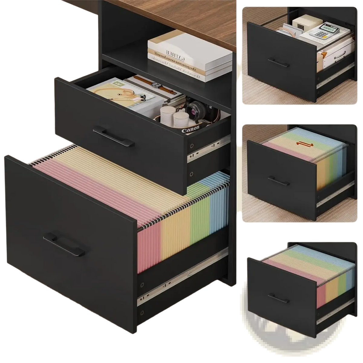 Black metal executive desk file cabinet with three drawers holding colorful tabbed folders and office supplies