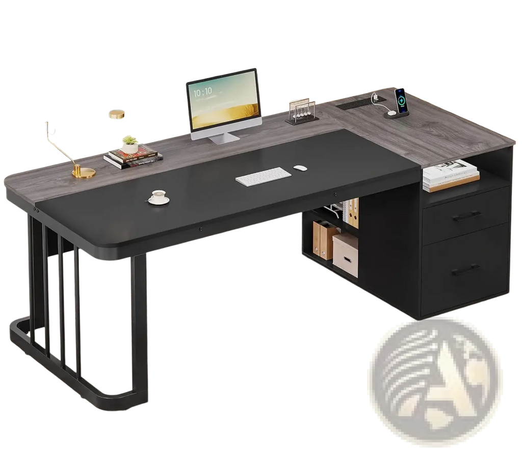 Modern black and gray executive l-shaped desk with built-in drawers wood-grain finish and power outlet features