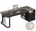Modern black and gray executive l-shaped desk with built-in drawers wood-grain finish and power outlet features