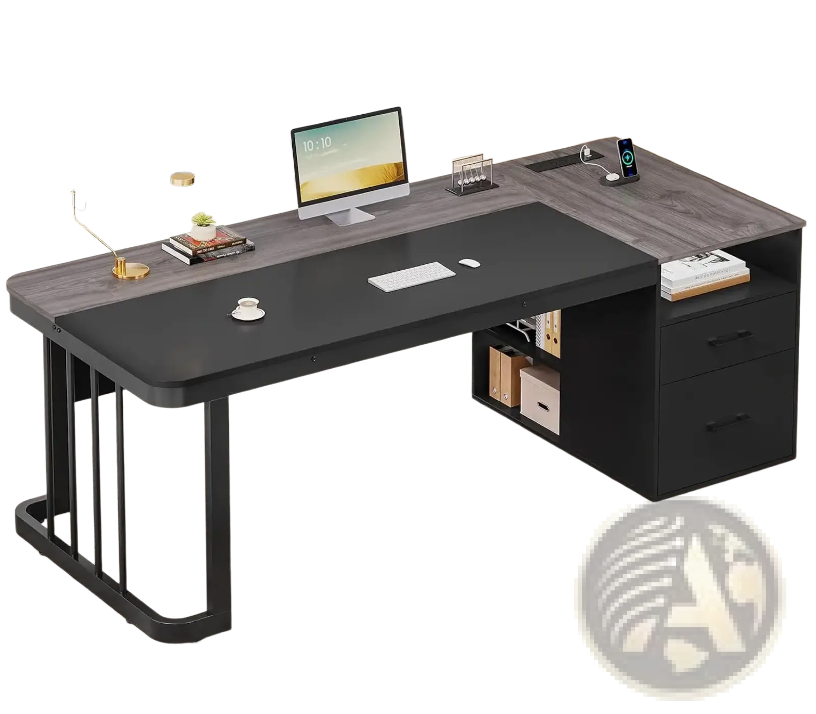 Modern black and gray executive l-shaped desk with built-in drawers wood-grain finish and power outlet features