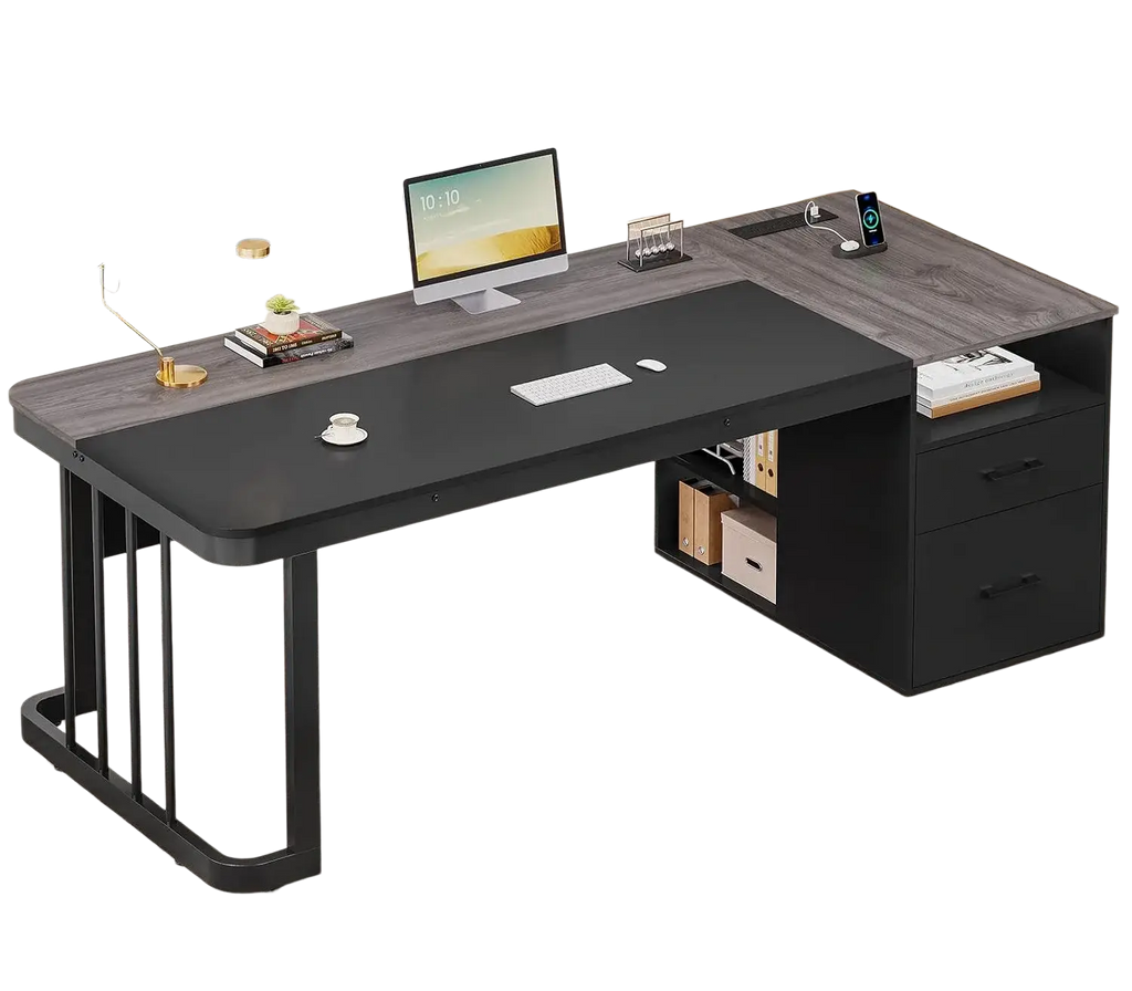 Modern black and gray executive l-shaped desk with built-in drawers wood-grain finish and power outlet features