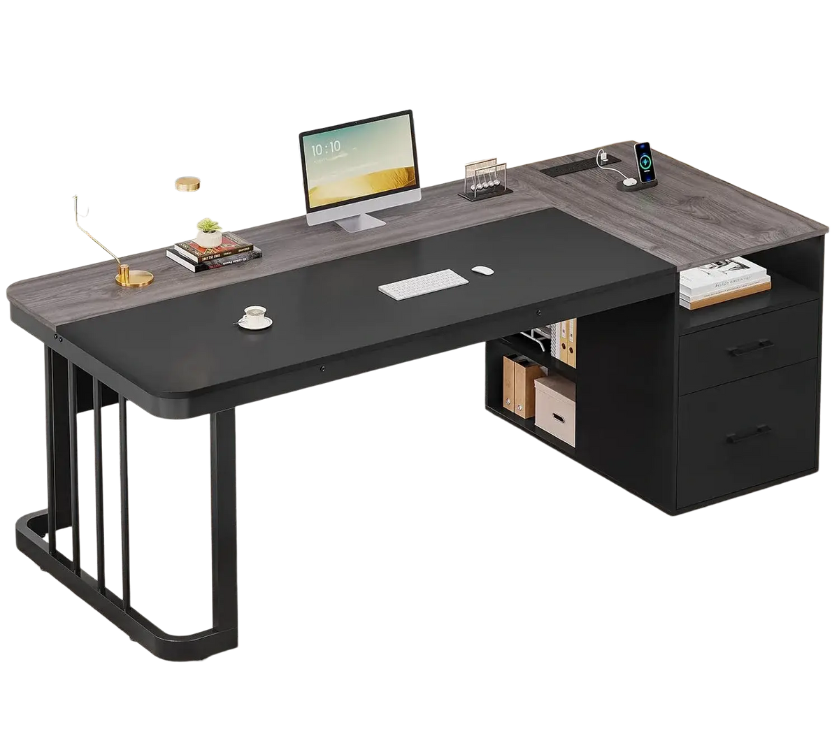Modern black and gray executive l-shaped desk with built-in drawers wood-grain finish and power outlet features