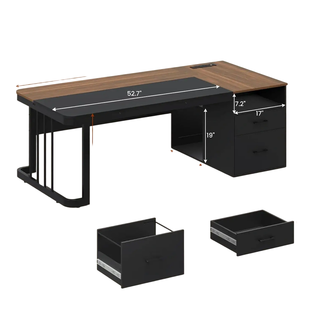 Modern black and wood-grain executive desk with power outlet and two drawers for organized workspace efficiency