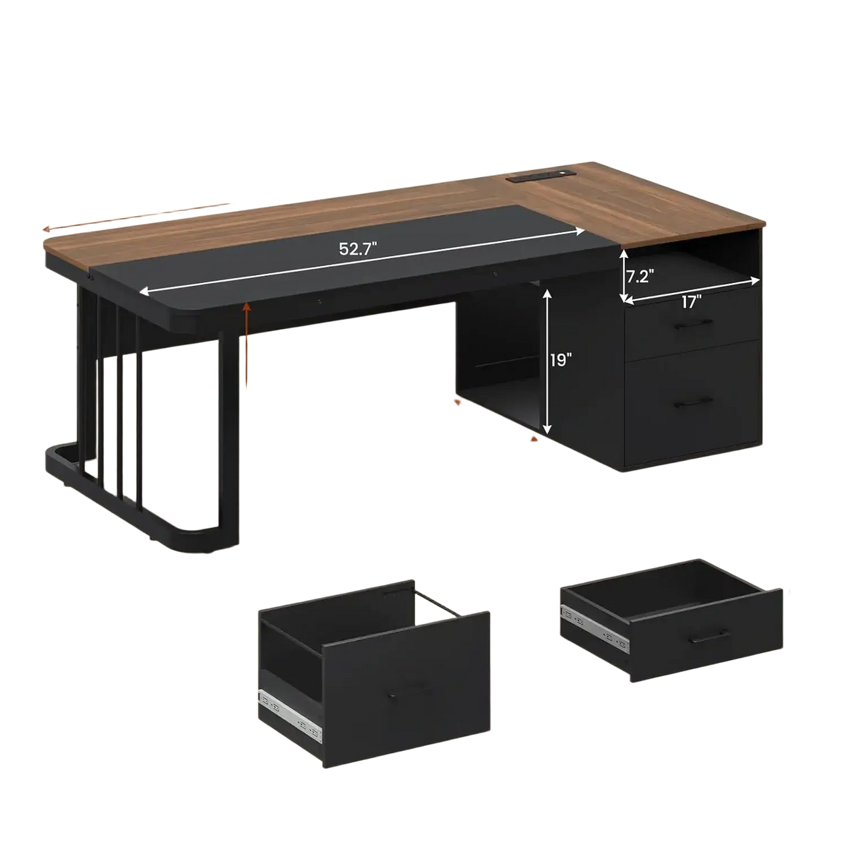Modern black and wood-grain executive desk with power outlet and two drawers for organized workspace efficiency