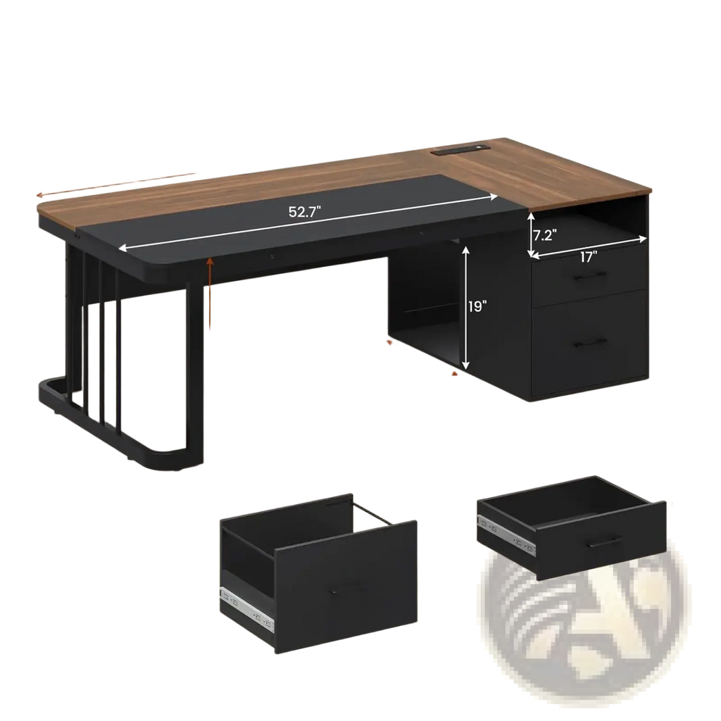 Modern black and wood-grain executive desk with power outlet and two drawers for organized workspace efficiency