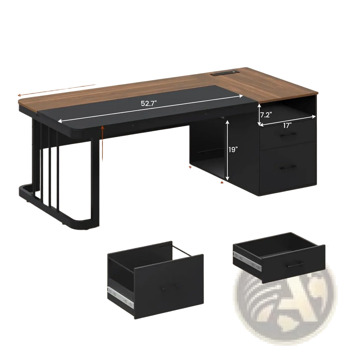 Modern black and wood-grain executive desk with power outlet and two drawers for organized workspace efficiency