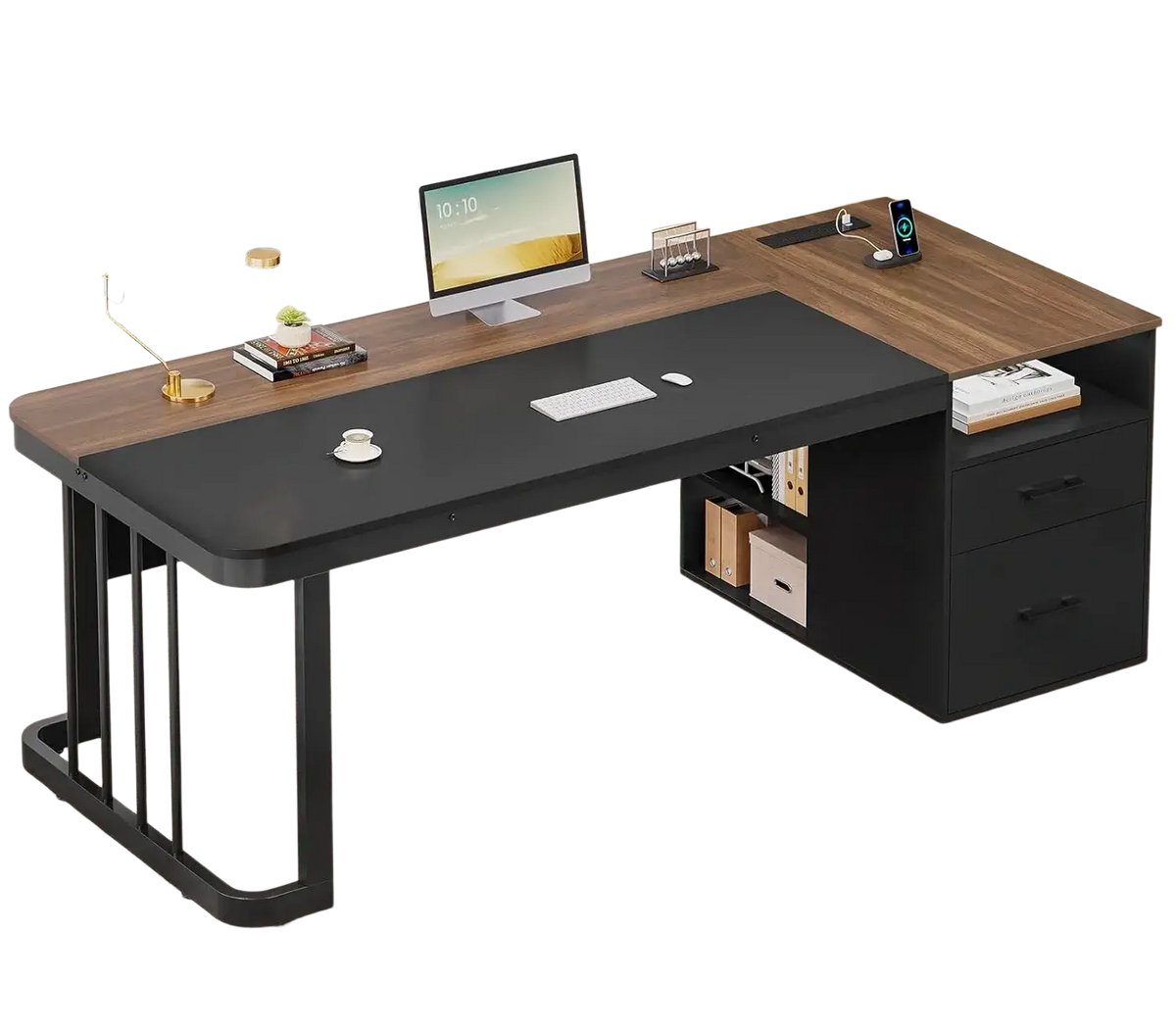 Executive desk with power outlet and drawers featuring a modern black matte l-shaped wood-grain top and metal legs