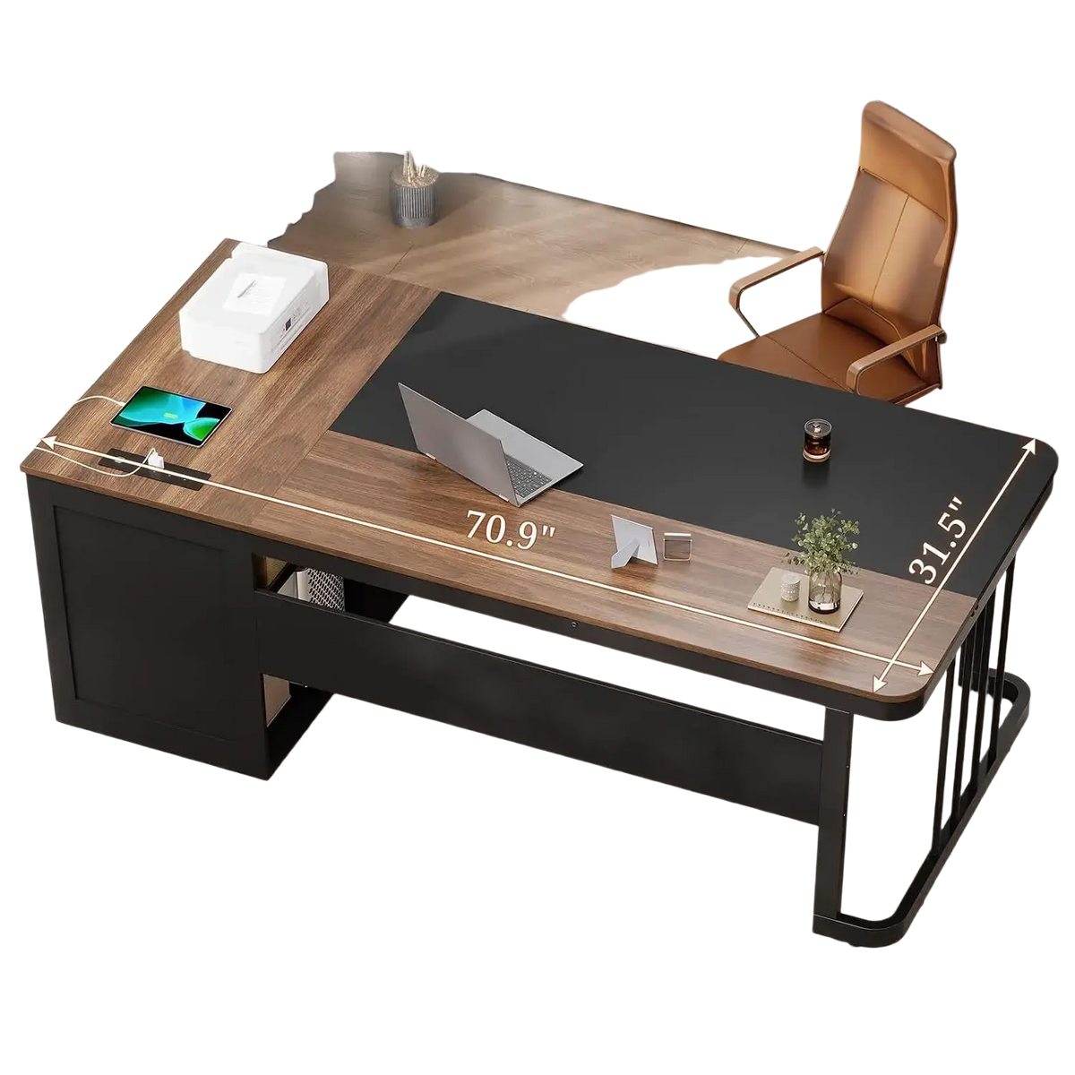 Executive desk with power outlet and drawers featuring a modern l-shaped two-tone wood and black finish with metal legs