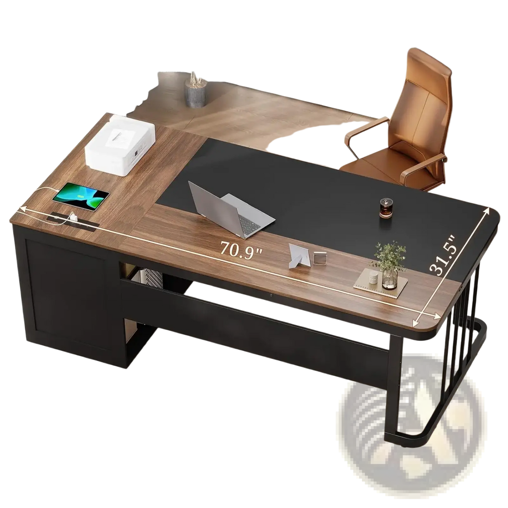 Executive desk with power outlet and drawers featuring a modern l-shaped two-tone wood and black finish with metal legs