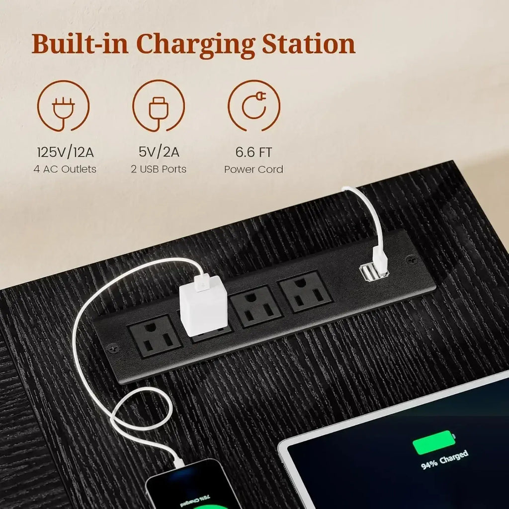 Black plastic built-in charging station with four ac outlets and two usb ports on executive desk with storage cabinet