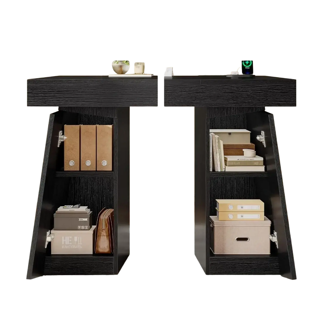 Black wood-grain finish executive desk with power outlets and two open shelving compartments for storage