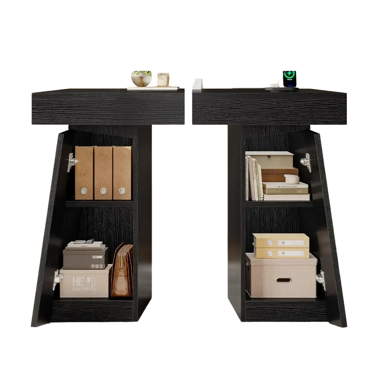 Black wood-grain finish executive desk with power outlets and two open shelving compartments for storage