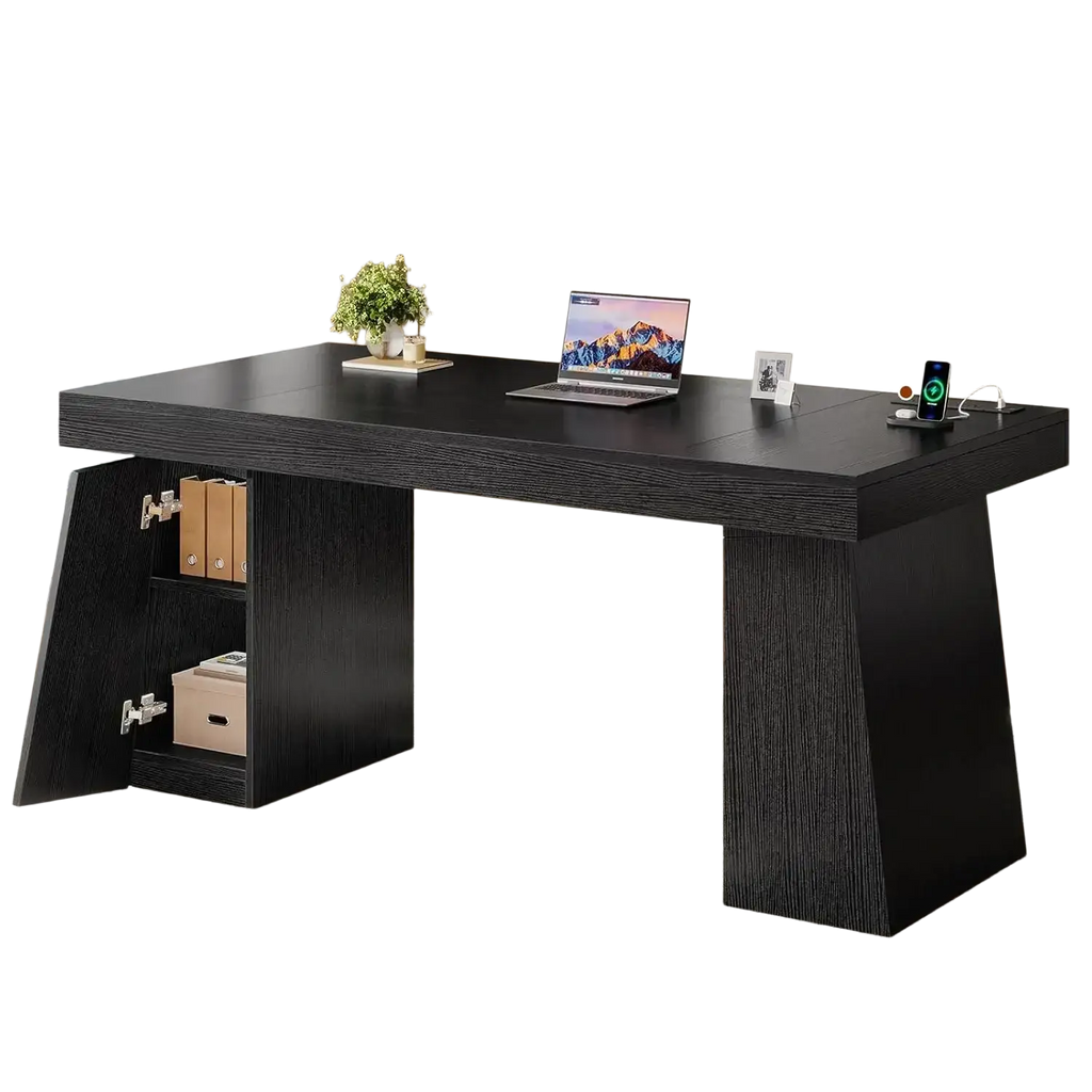 Black wooden executive desk with integrated power outlets and storage cabinet for organized workspace use