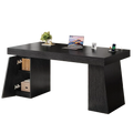 Black wooden executive desk with integrated power outlets and storage cabinet for organized workspace use