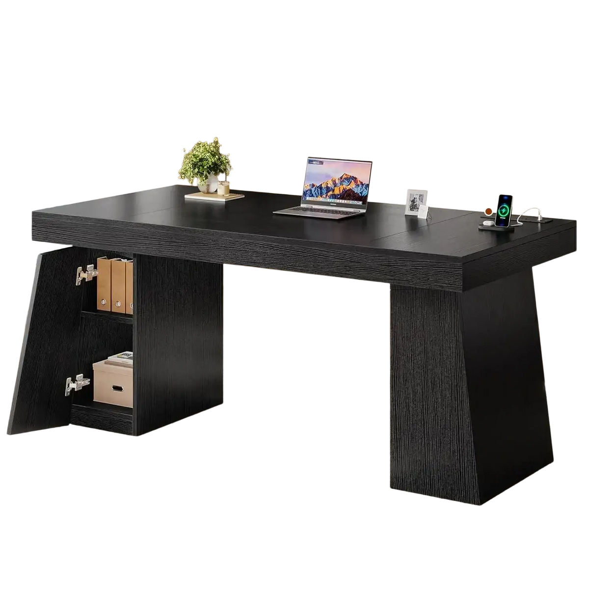 Black wooden executive desk with integrated power outlets and storage cabinet for organized workspace use