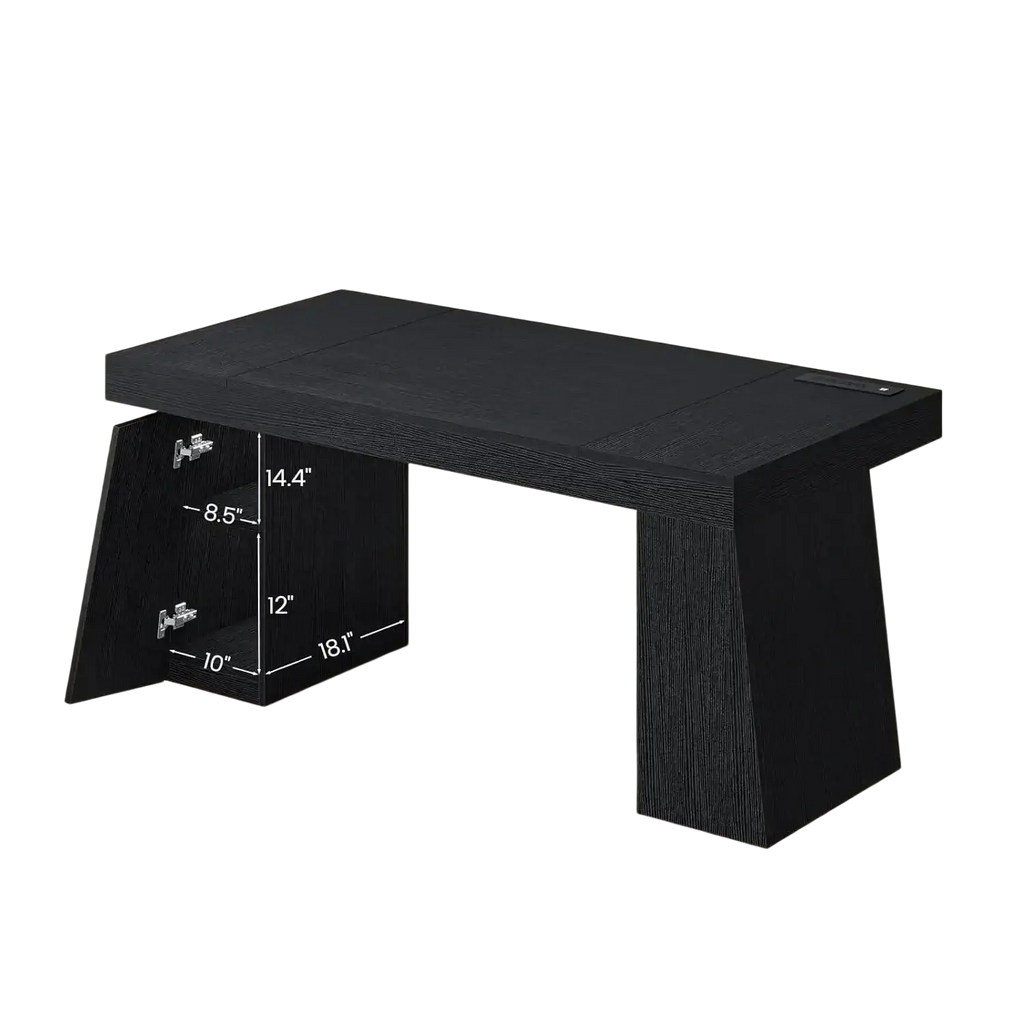 Black wooden executive desk with sleek modern design integrated storage compartment and built-in power outlets