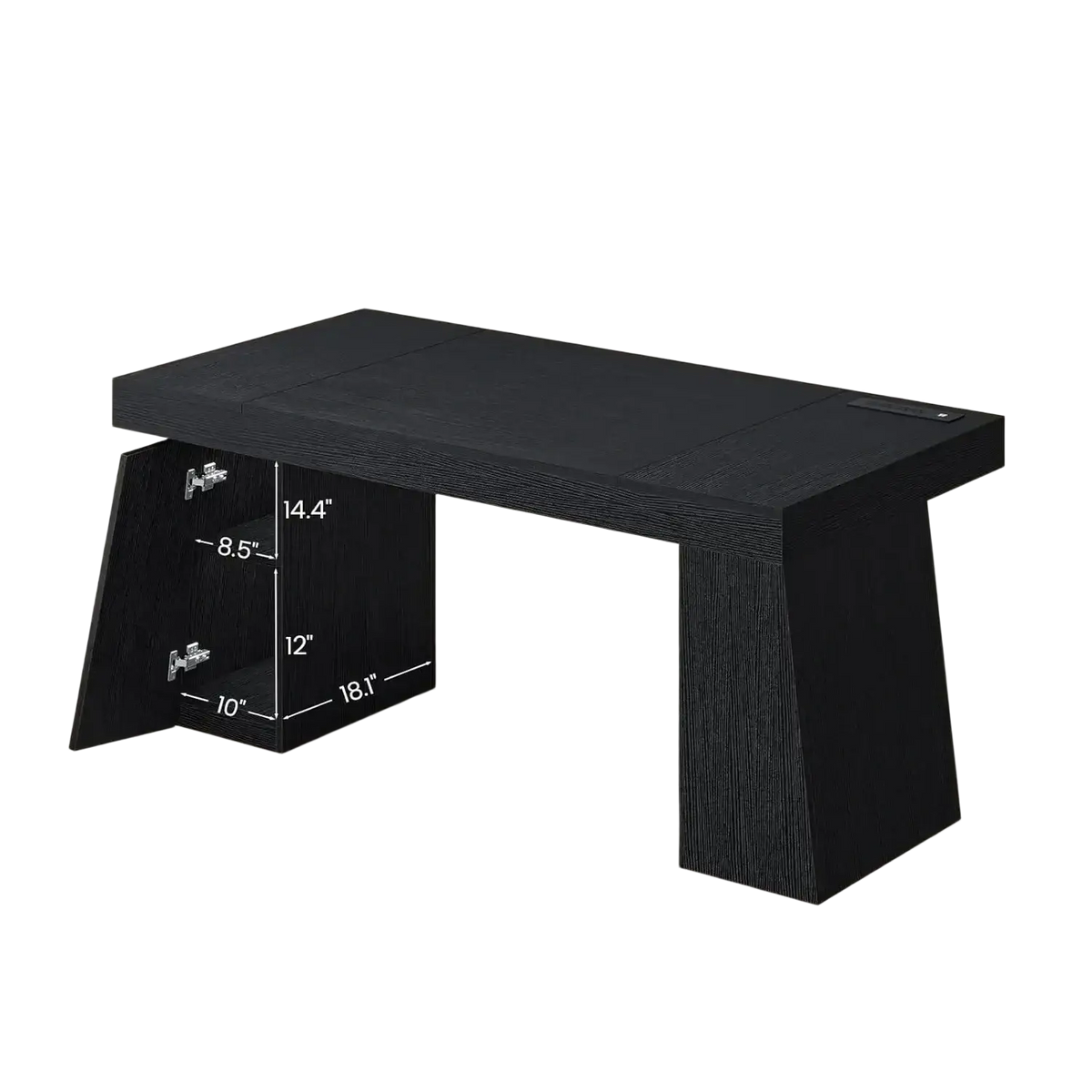 Black wooden executive desk with sleek modern design integrated storage compartment and built-in power outlets