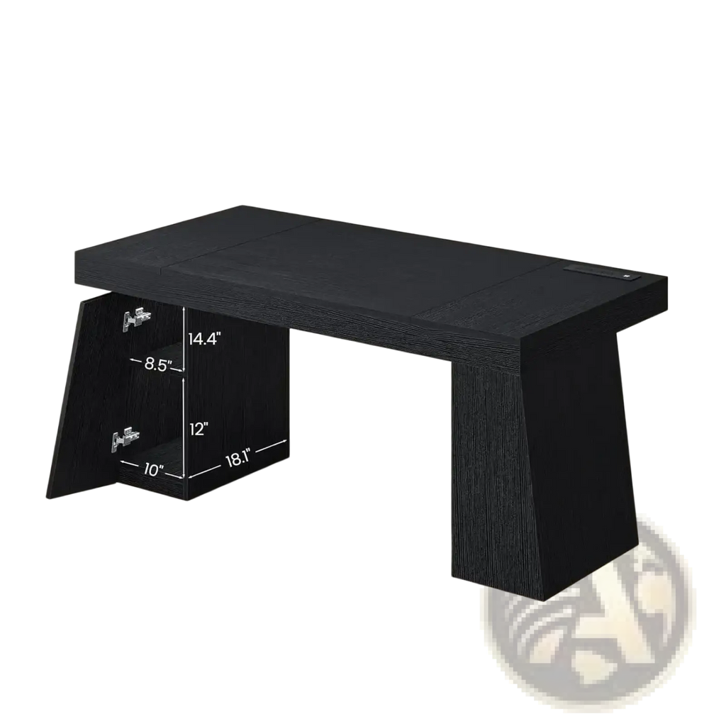 Black wooden executive desk with sleek modern design integrated storage compartment and built-in power outlets