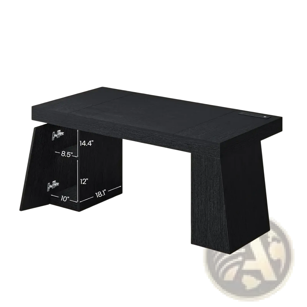 Black wooden executive desk with sleek modern design integrated storage compartment and built-in power outlets