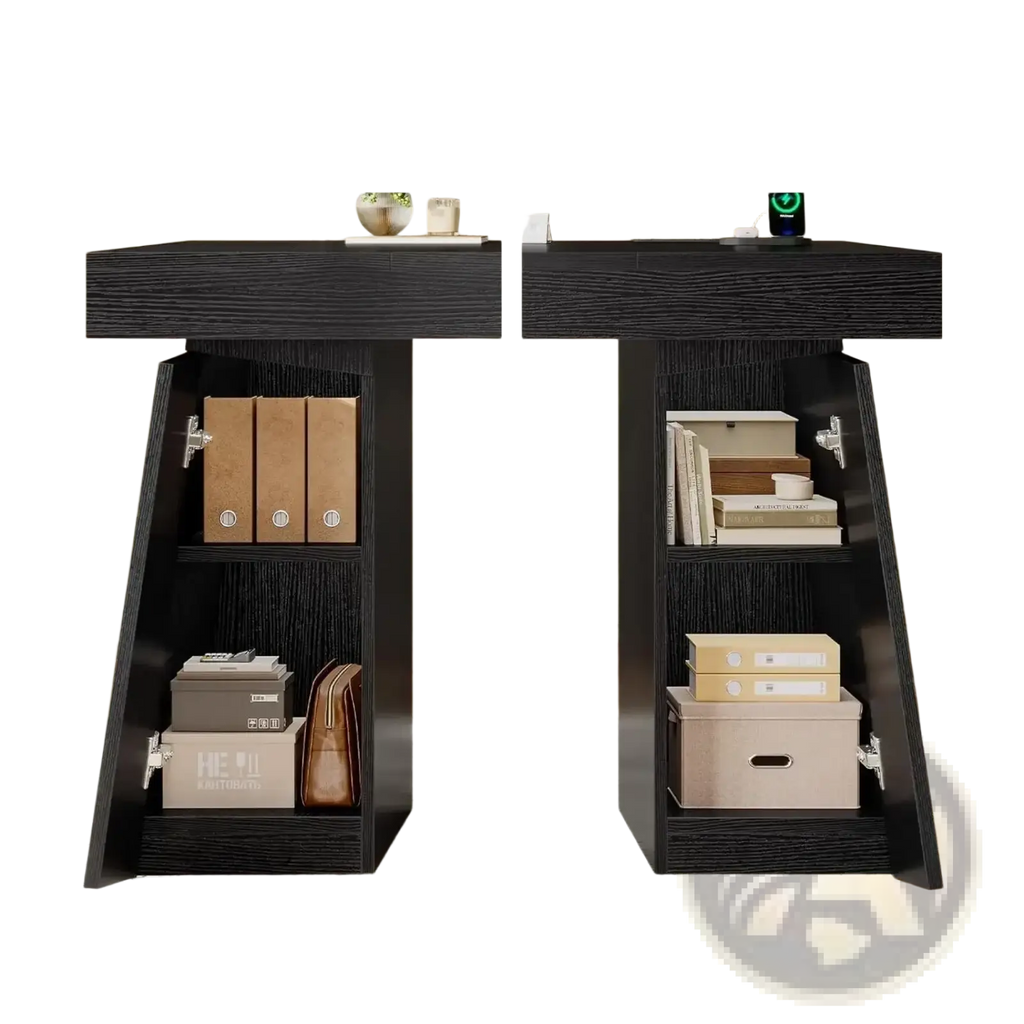 Black wood-grain finish executive desk with power outlets and two open shelving compartments for storage