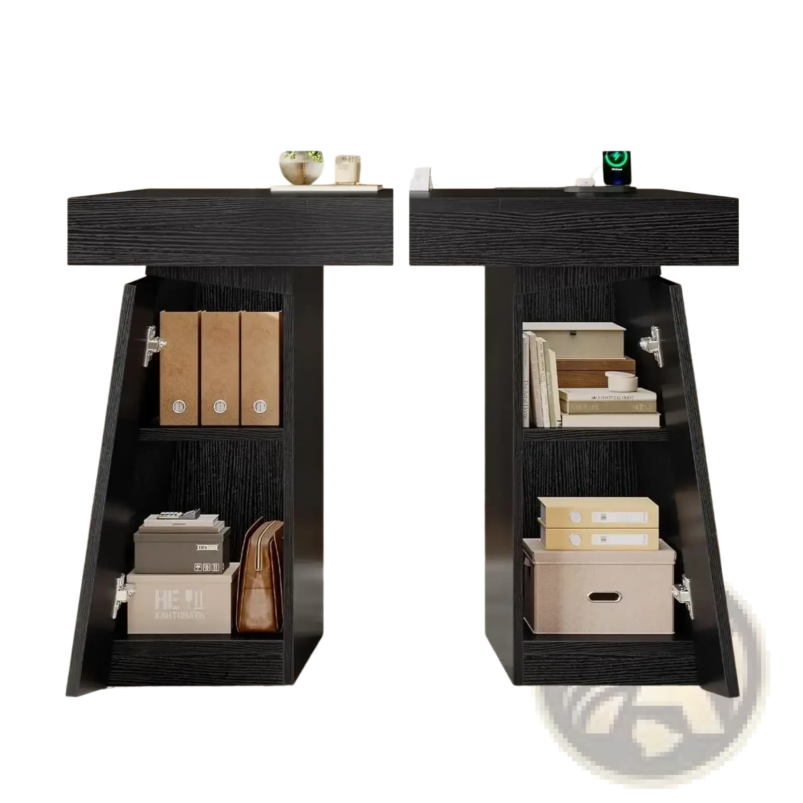 Black wood-grain finish executive desk with power outlets and two open shelving compartments for storage