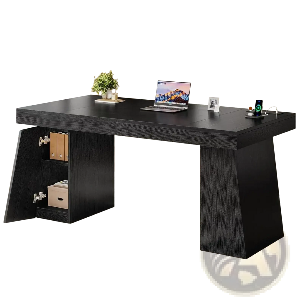 Black wooden executive desk with integrated power outlets and storage cabinet for organized workspace use