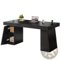 Black wooden executive desk with integrated power outlets and storage cabinet for organized workspace use