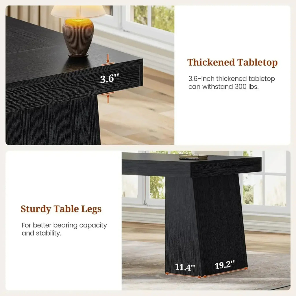 Executive desk with power outlets and storage cabinet in black wood grain finish with thick tabletop and tapered legs