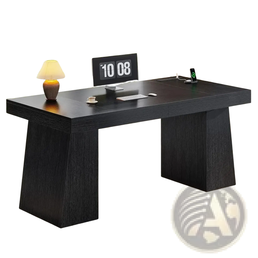 Modern black wooden executive desk with sleek tapered legs smooth surface power outlets and storage cabinet