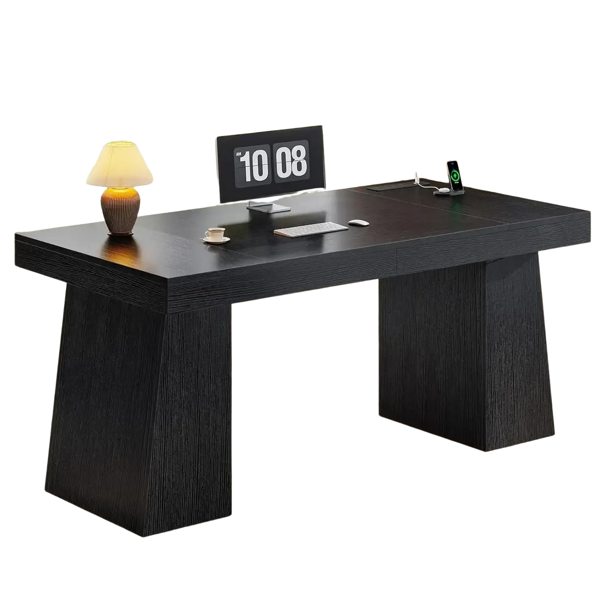 Modern black wooden executive desk with sleek tapered legs smooth surface power outlets and storage cabinet