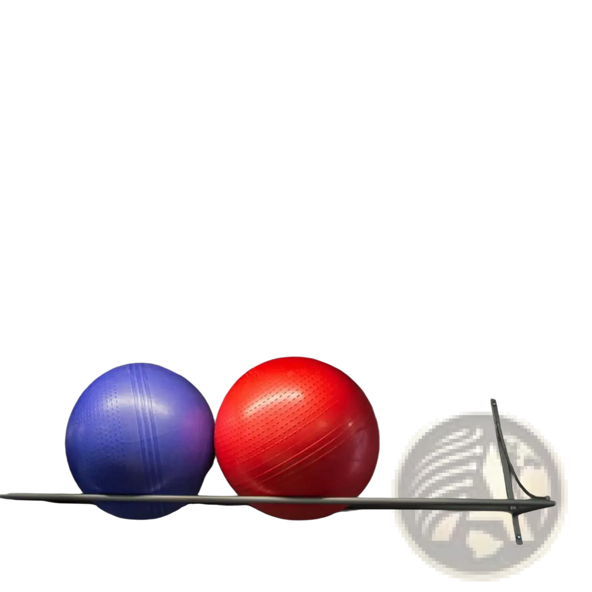 Exercise ball holder wall mount rack 2 pack holding red blue and black exercise balls on a metal shelf