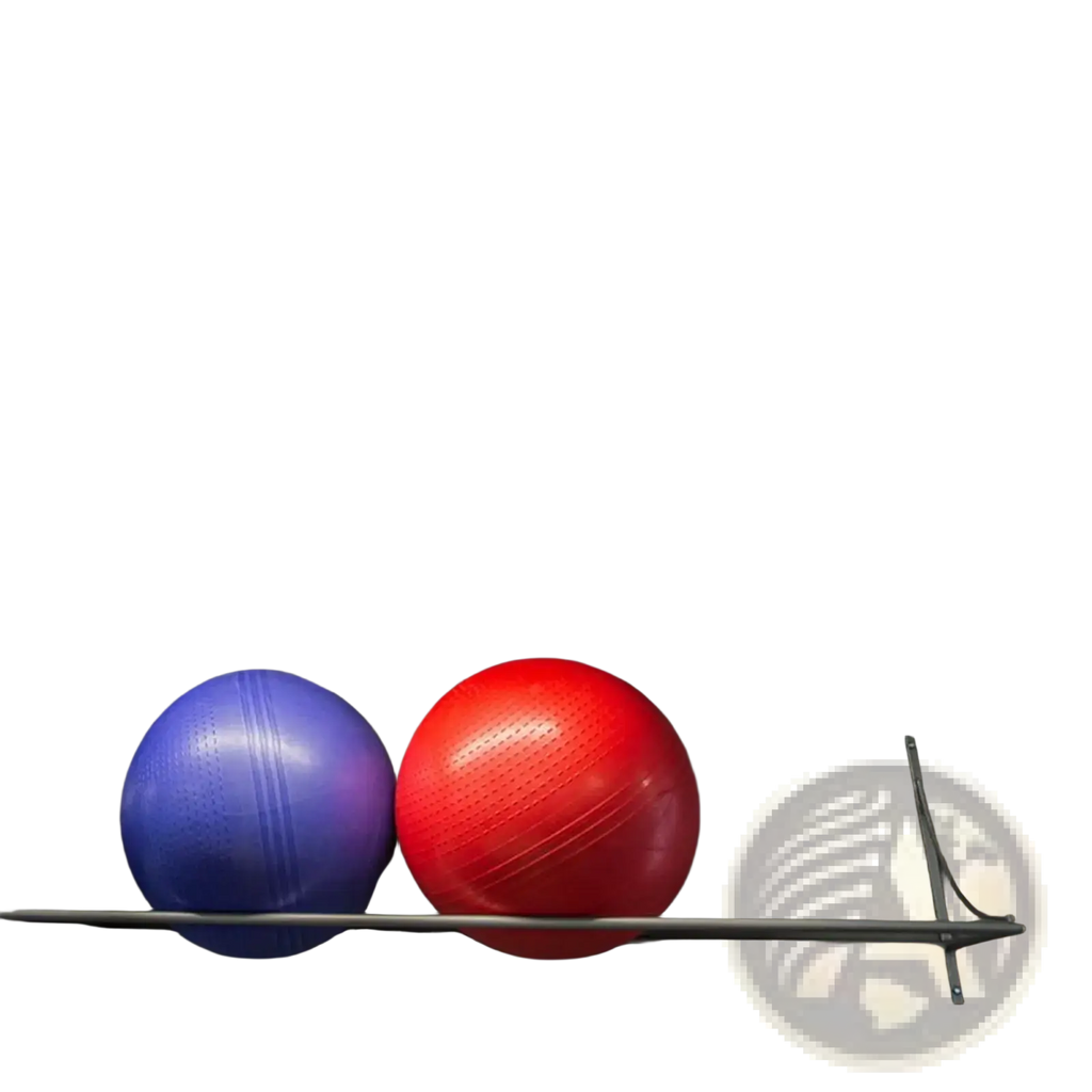 Red, blue, and black exercise balls resting on a metal exercise ball wall mount holder iron storage rack