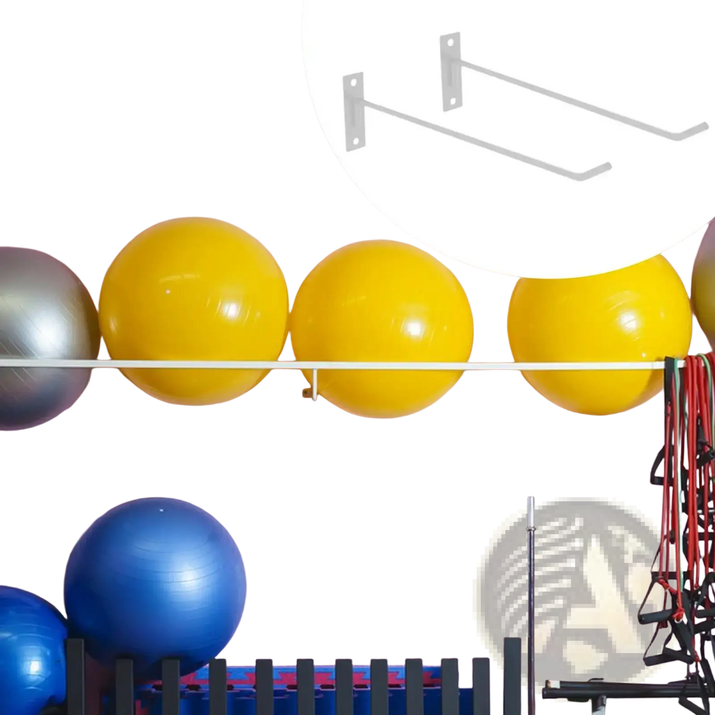 Silver metal wall-mounted iron storage rack designed for holding exercise balls securely and efficiently