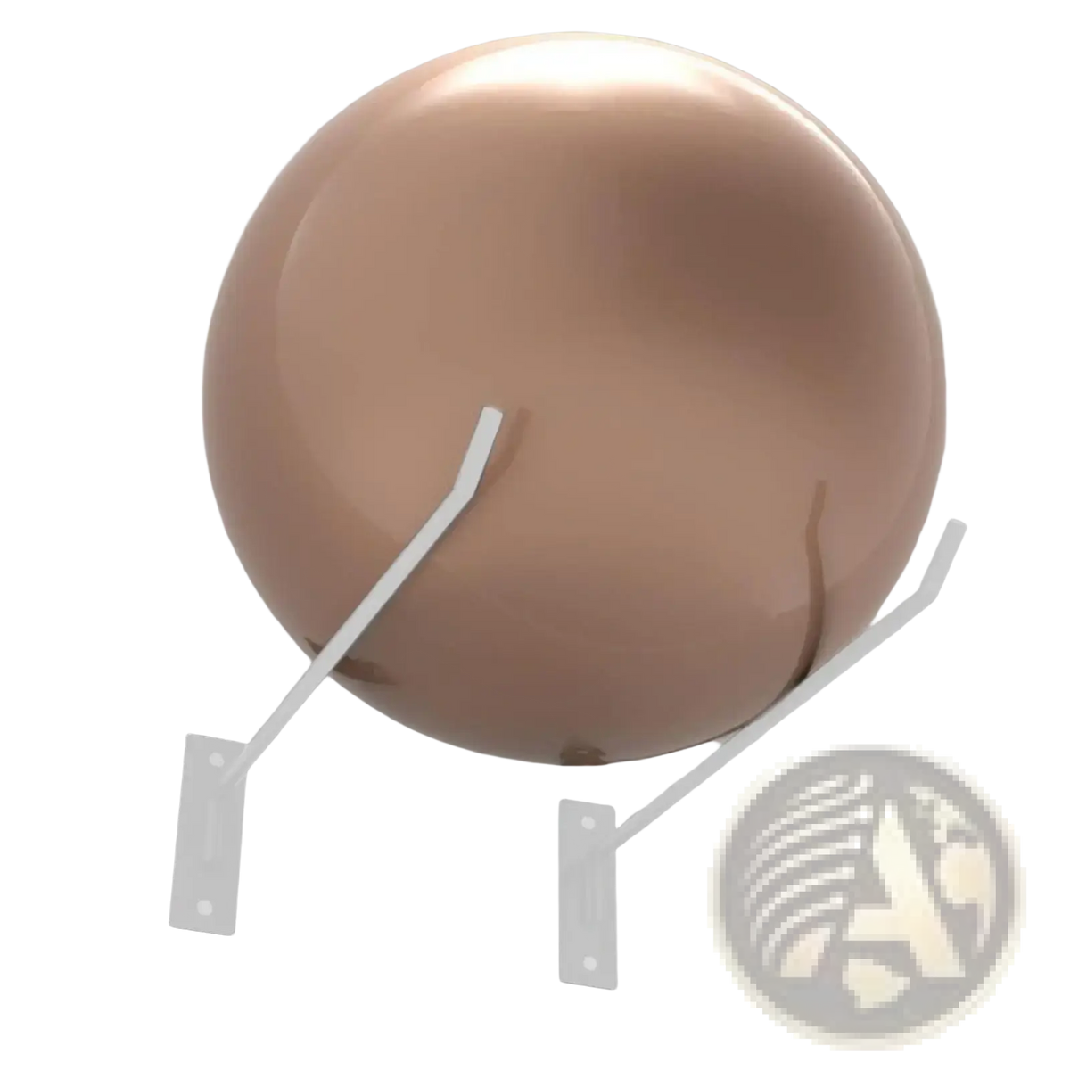 A sleek rose gold metallic exercise ball mounted on a minimalist white iron wall mount holder for storage