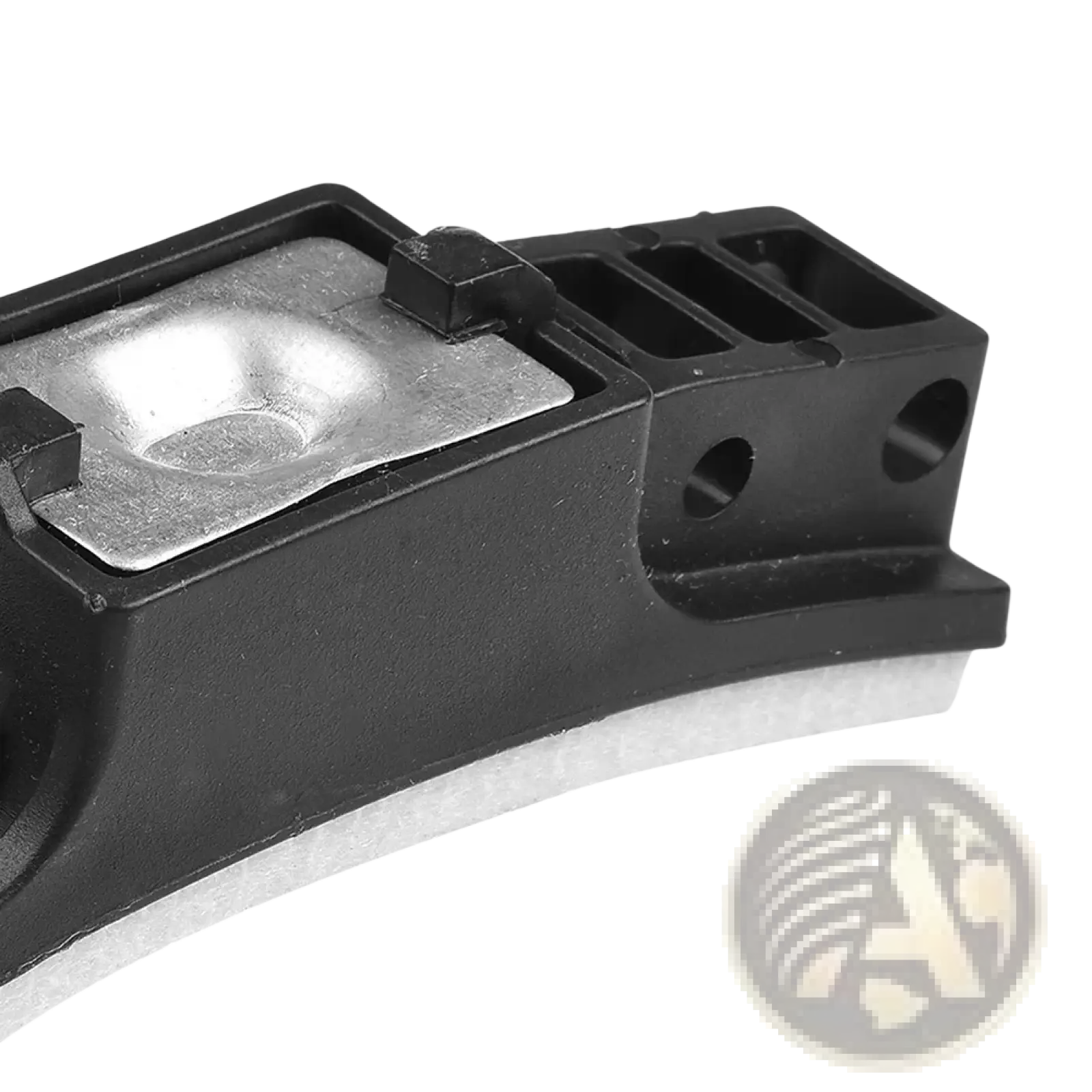Black plastic exercise bike brake pad replacement latch with silver metal plate and circular cutouts visible on back side