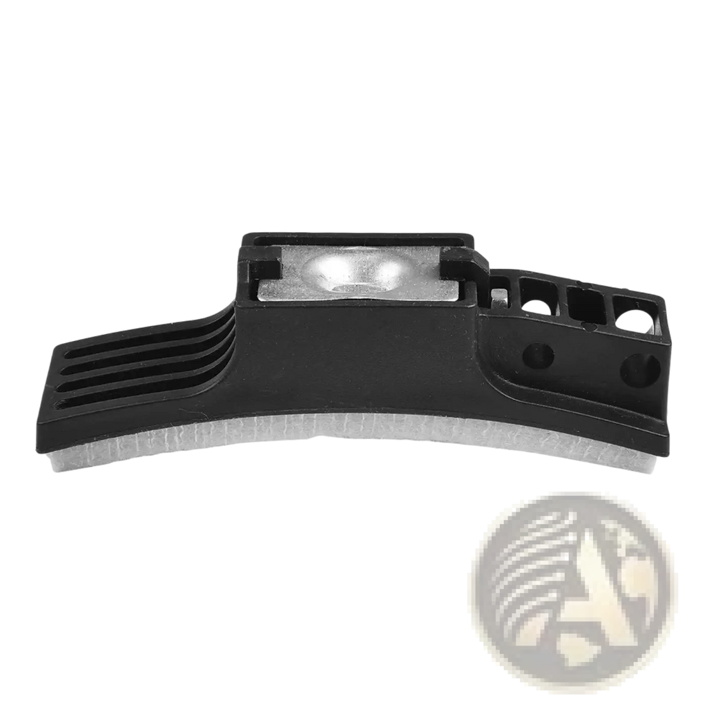 Black plastic exercise bike brake pad replacement with silver metal pivot and white rubber edge for resistance friction parts