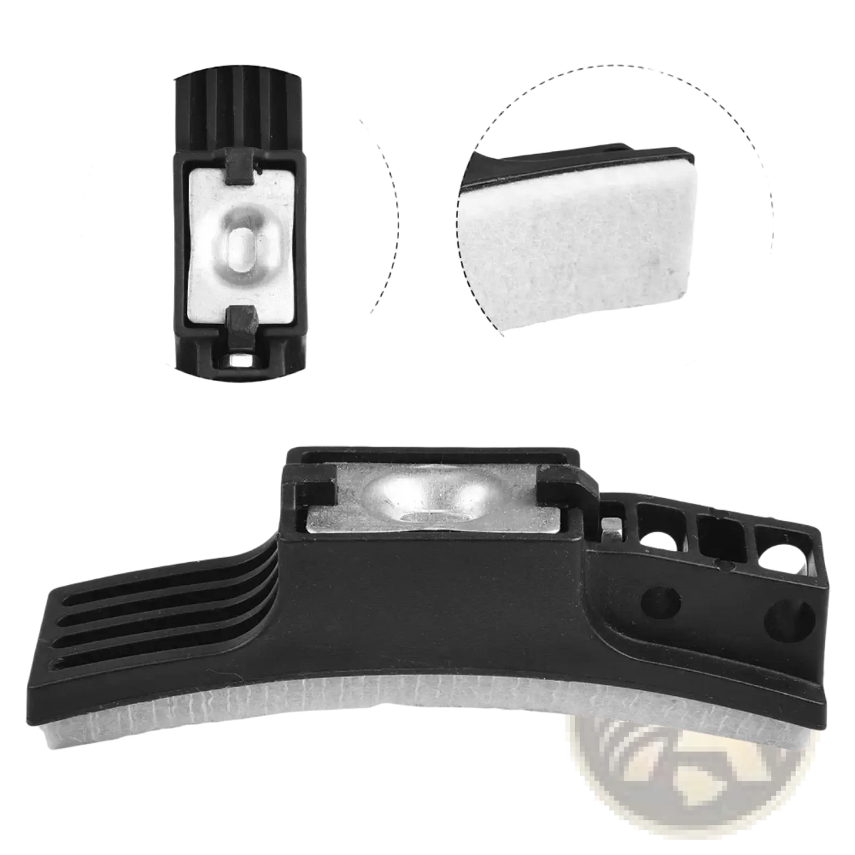 Black plastic exercise bike brake pad replacement with white foam edge and metallic mounting clip for resistance friction parts