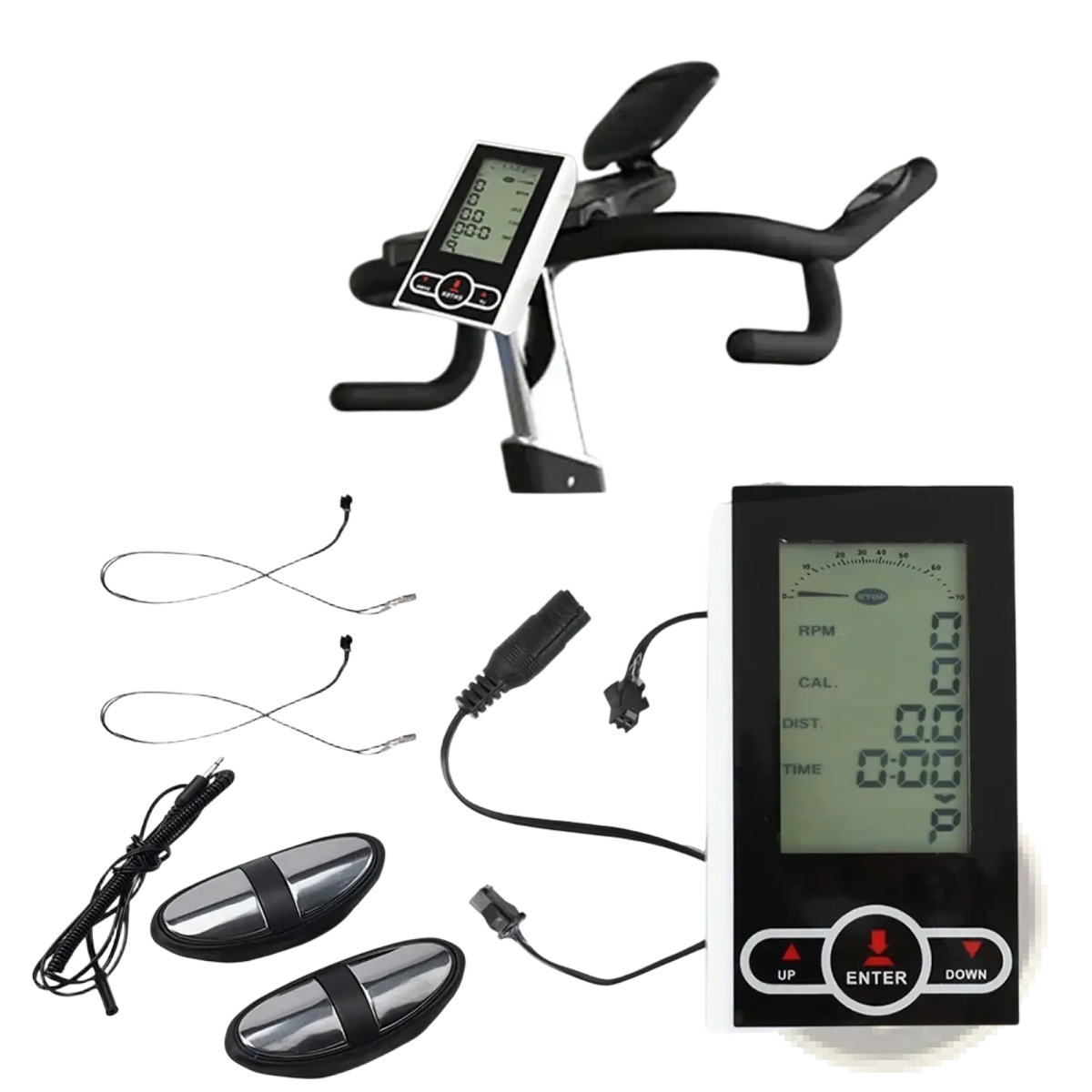 Black digital exercise bike monitor and speedometer display with silver accents and red buttons showing workout metrics