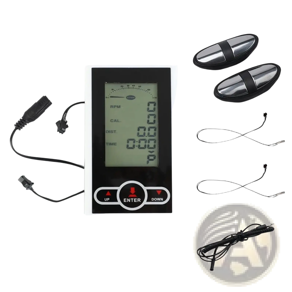 Black digital exercise bike monitor and speedometer display with lcd screen and three control buttons below the display