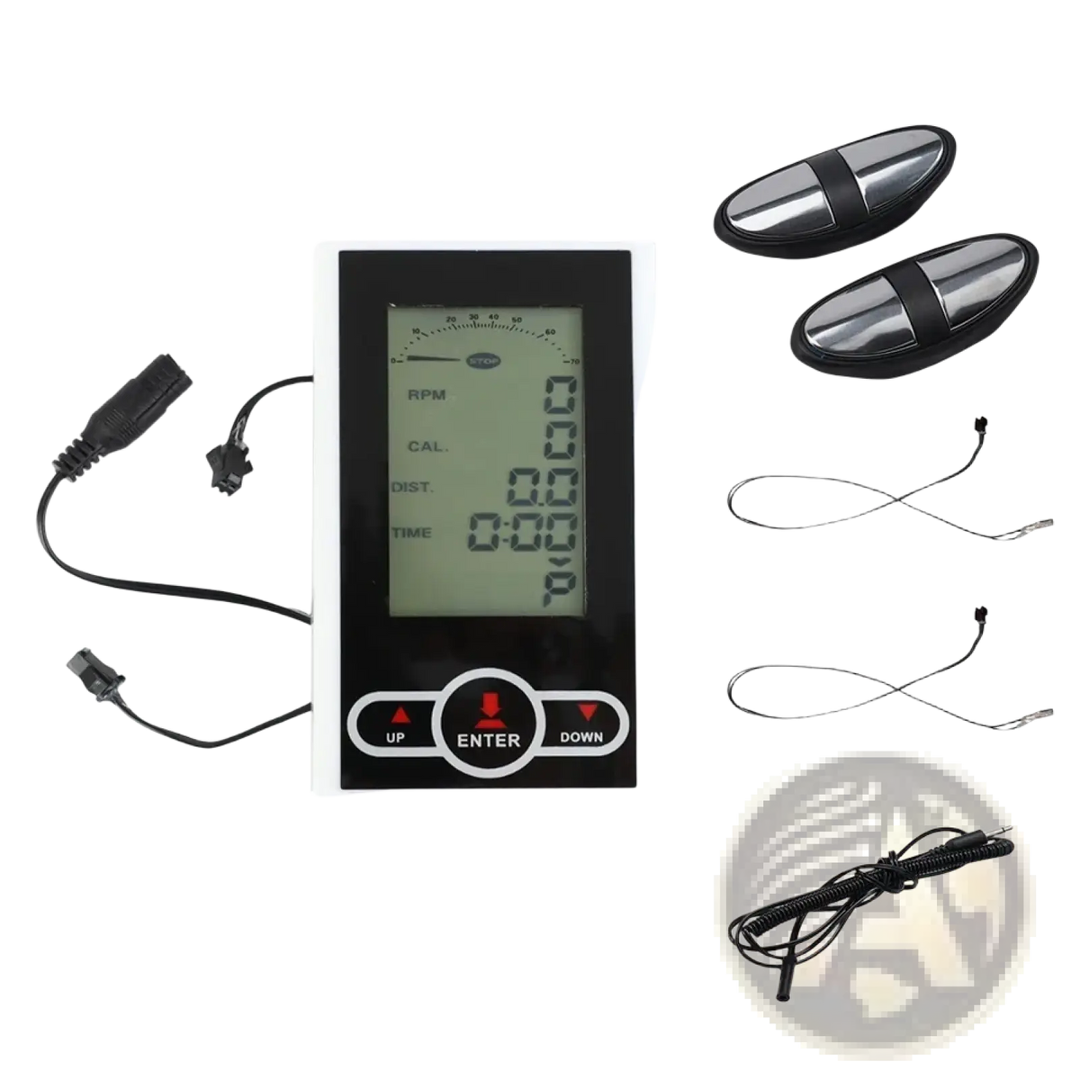 Black digital exercise bike monitor and speedometer display with lcd screen and three control buttons below the display