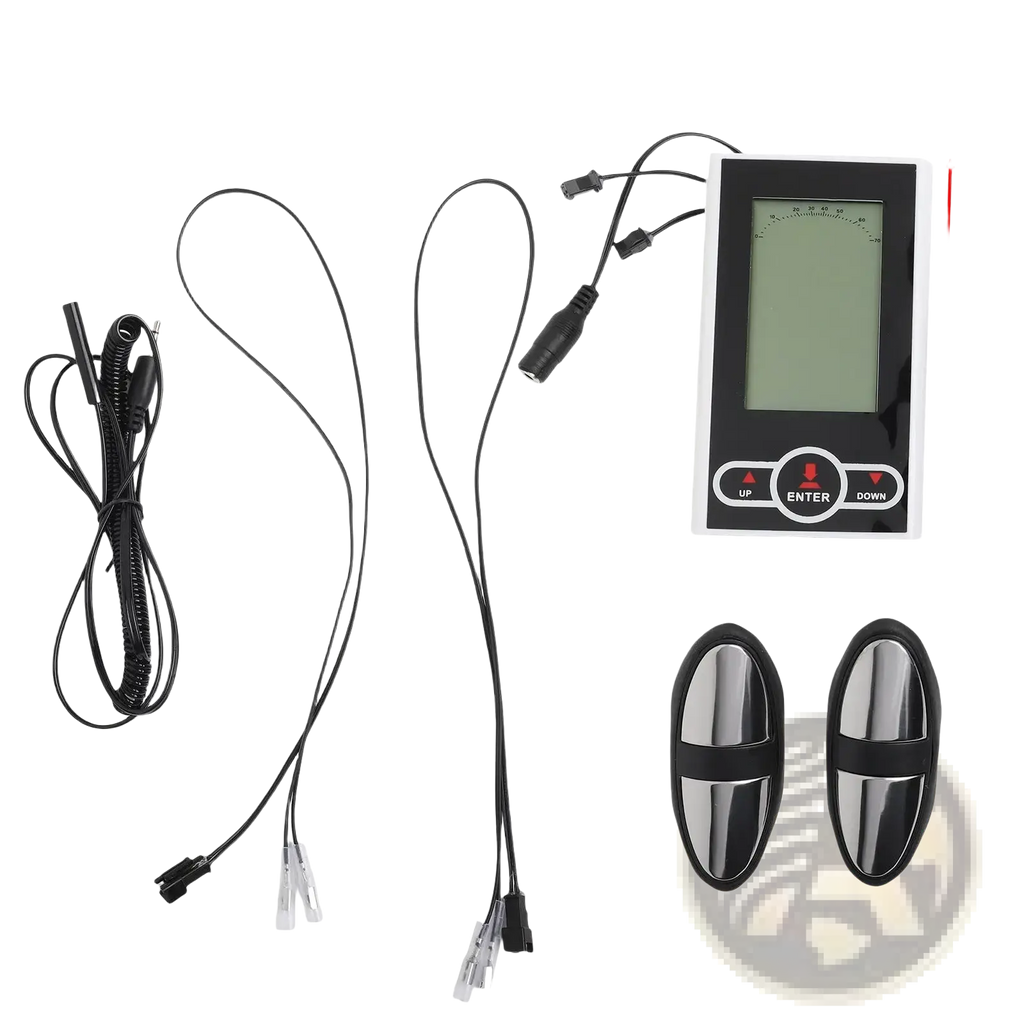 Exercise bike monitor and speedometer display with black digital tuning fork, silver metallic ends, and control buttons