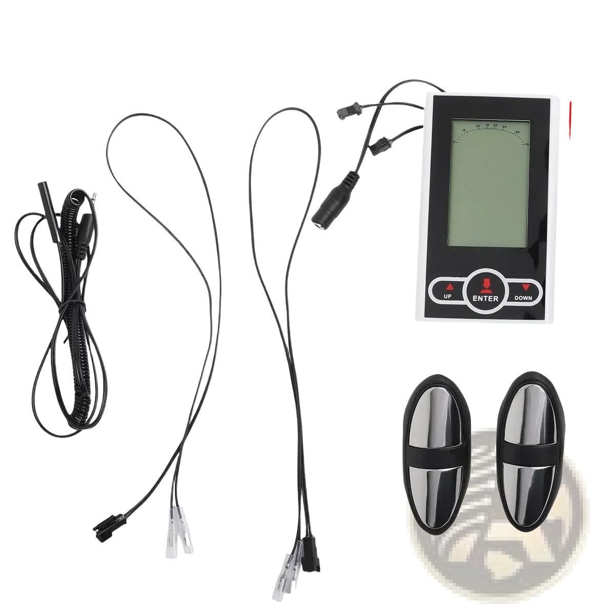 Exercise bike monitor and speedometer display with black digital tuning fork, silver metallic ends, and control buttons