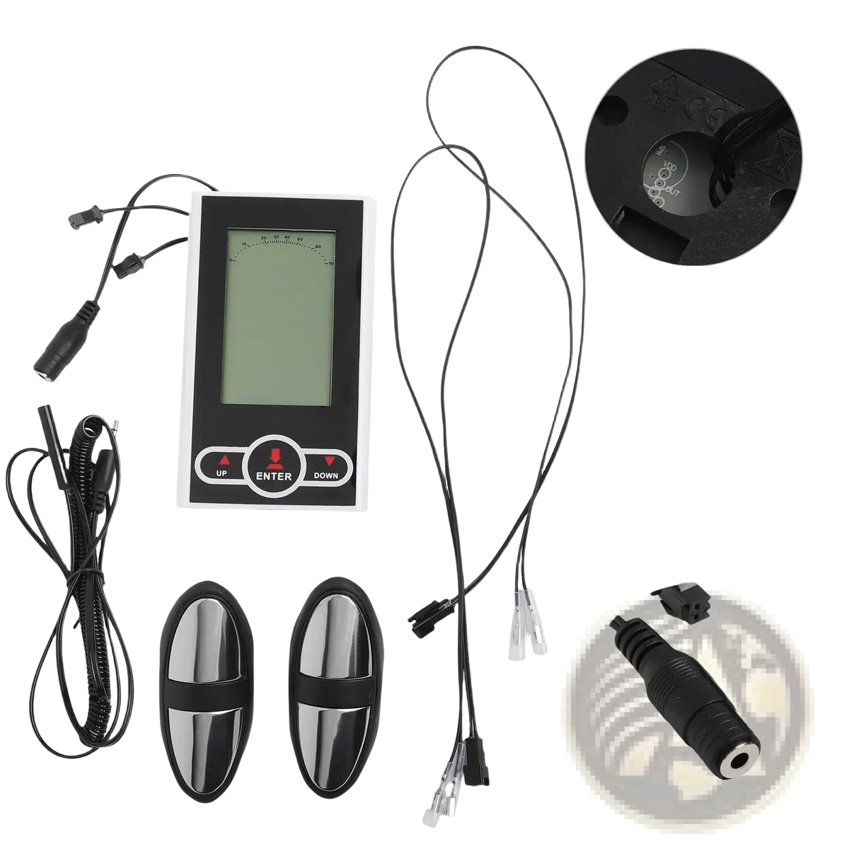 Black and silver exercise bike monitor and speedometer display with rectangular screen and metallic probe sensors